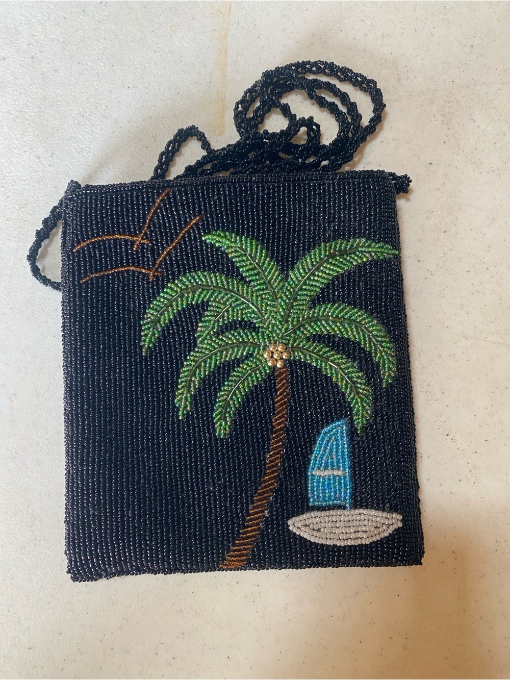 Beaded Palm Tree Crossbody Bag - Black